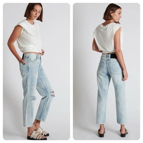 One Teaspoon Truckers Sz 26 Wilde Blue Straight Leg Jeans Torn Knees Distressed - Picture 12 of 12